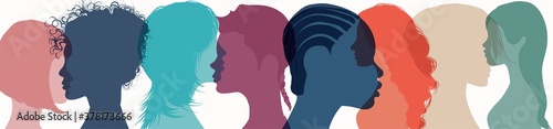 Group of multiethnic and multiracial women and girls who communicate and share information on social network and community. Female diversity. Head face silhouette profile. Friendship