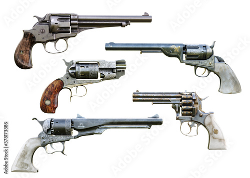 Obraz na plátně Western cowboy pistol booster pack 2 is a collection of assorted deadly and elegant hand gun firearms on a isolated white background