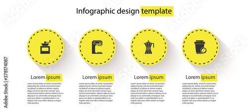 Set Manual coffee grinder, Coffee machine, moca pot and cup to go. Business infographic template. Vector.