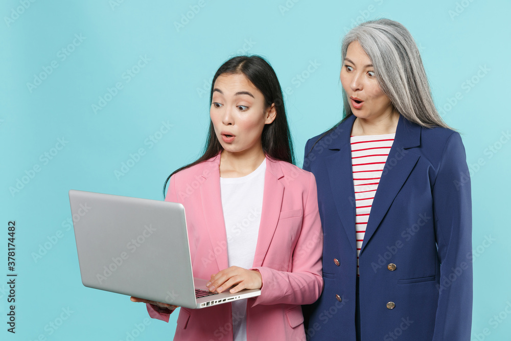 Shocked two asian female business women employer and employee in pink blue jackets posing working in office using laptop pc computer isolated on pastel blue color wall background studio portrait. Shocked two asian female business women employer and employee in pink blue jackets posing working in office using laptop pc computer isolated on pastel blue color wall background studio portrait.