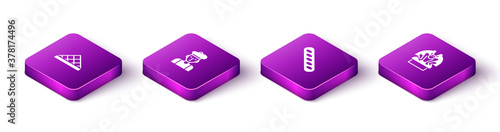 Set Isometric Louvre museum, French man, baguette bread and Gargoyle on pedestal icon. Vector.