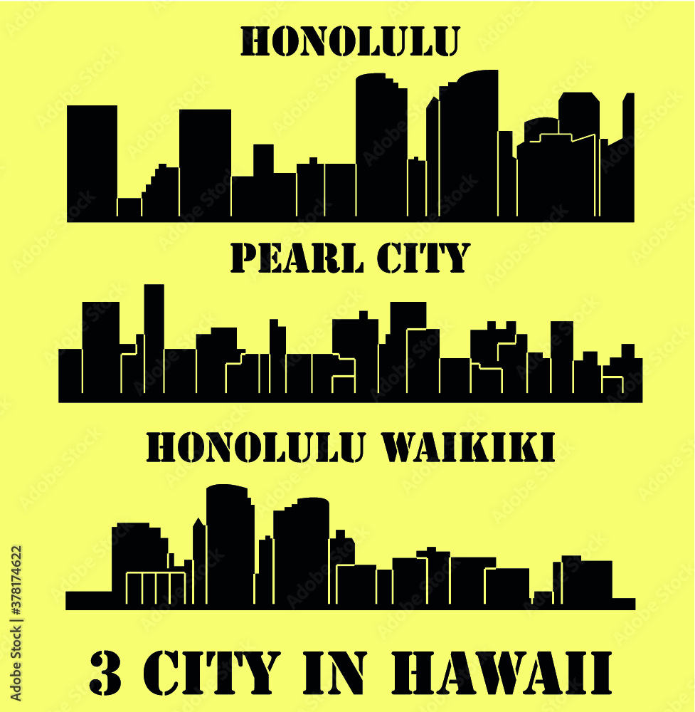 Set of 3 City Silhouette in Hawaii ( Honolulu, Waikiki, Pearl City ) 