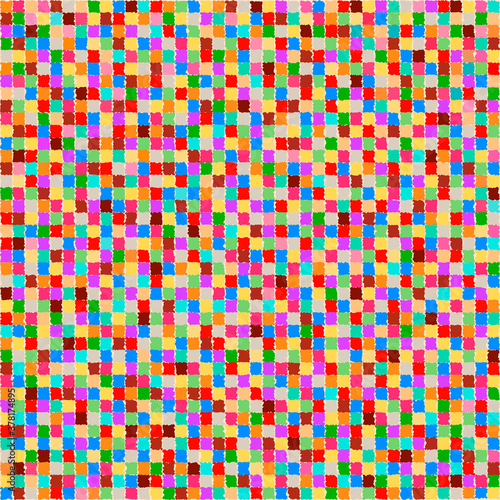 A pattern of many small multi-colored squares of bright colors with ragged edges. Background made of colorful strokes. Vector illustration