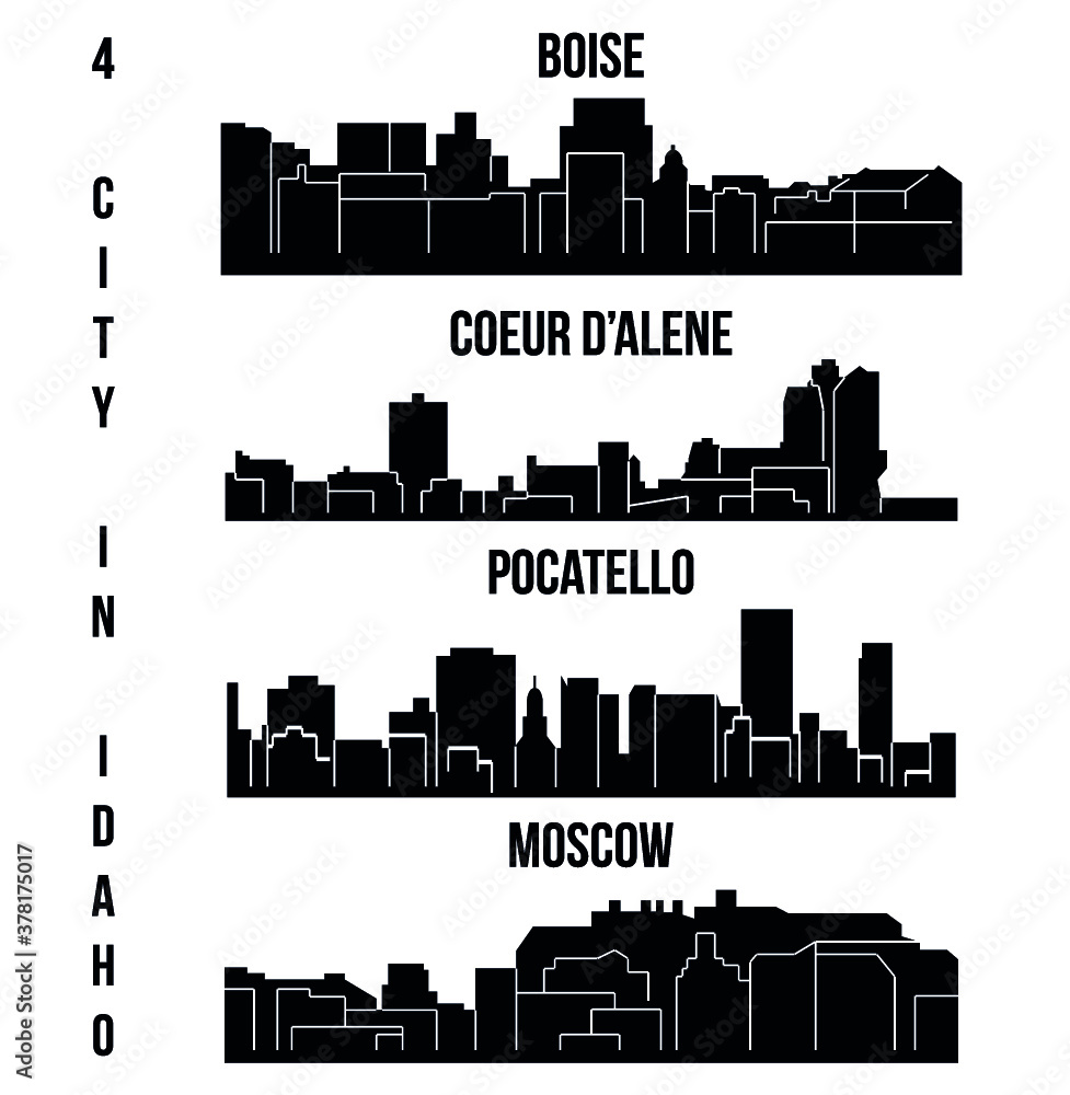 Set of 4 City Silhouette in Idaho ( Boise, Pocatello, Moscow, Couer d'Alene )
