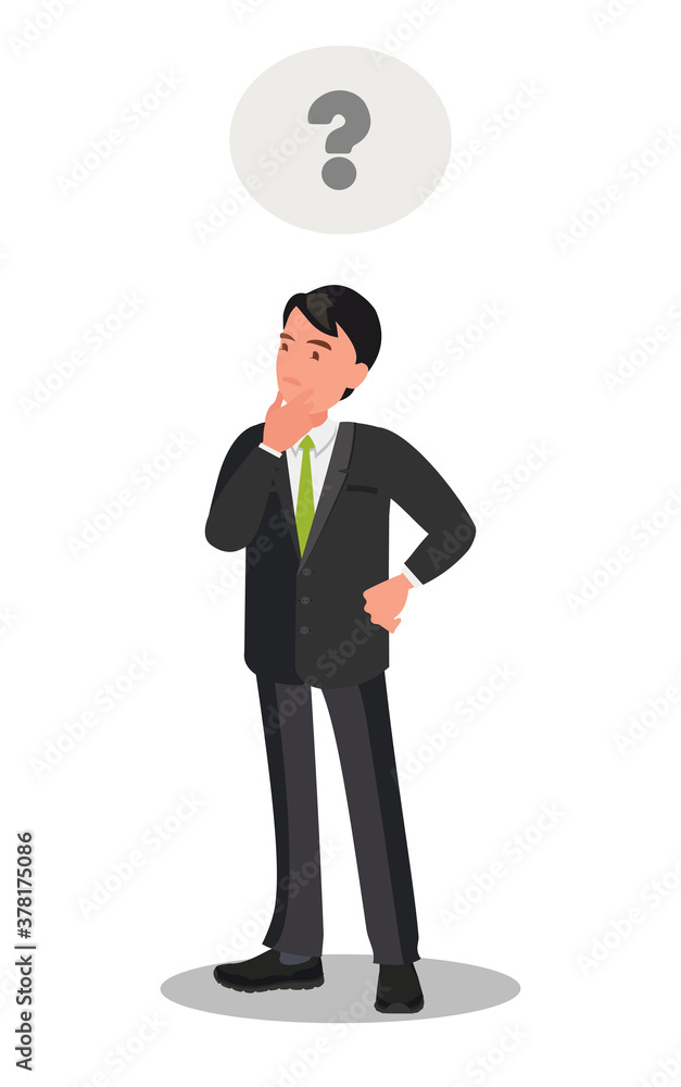 Thoughtful thinking of a young businessman. Question mark icon in the thought bubble. Thoughtful thinking of a young businessman. Question mark icon in the thought bubble.