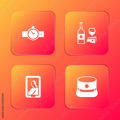 Set Wrist watch, Wine bottle with cheese, Portrait museum and Kepi icon. Vector.