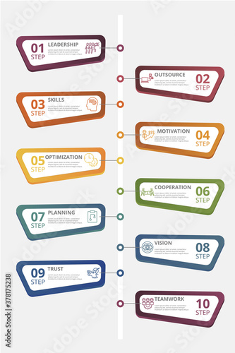 Infographic Business Management template. Icons in different colors. Include Leadership, Personal Development, Positive Psychology, Autonomy and others.