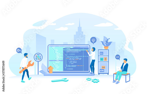 Software Development. Developers, programmers, software engineers team develop computer mobile application, working with program code. Teamwork communication. Vector illustration flat style.