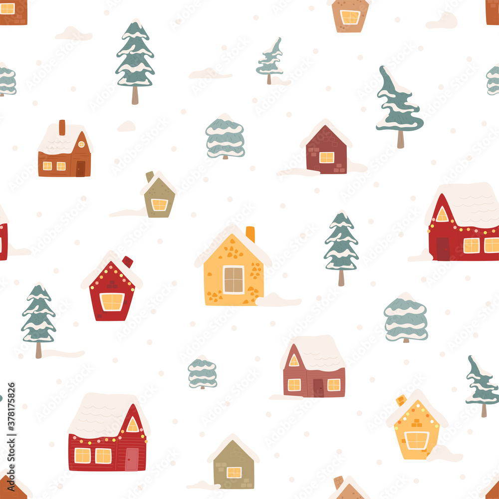 Seamless pattern of winter cozy houses in flat style. Abstract Christmas trees. Colored huts on white background with snow. New Year and Christmas illustration backdrop for cards, packaging, print. Seamless pattern of winter cozy houses in flat style. Abstract Christmas trees. Colored huts on white background with snow. New Year and Christmas illustration backdrop for cards, packaging, print.