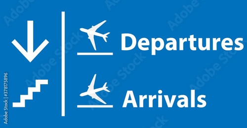 Information panel on the direction of arrivals and departures and stairs at the airport