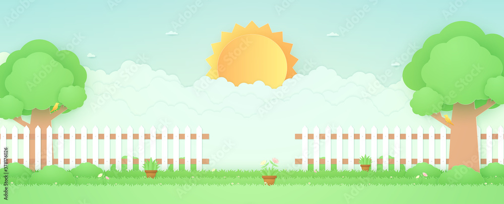 Spring Time, landscape, garden with trees, plant pots, beautiful flowers on grass and fence, bird on the branch, bright sun and cloud, paper art style Spring Time, landscape, garden with trees, plant pots, beautiful flowers on grass and fence, bird on the branch, bright sun and cloud, paper art style