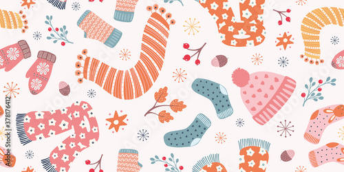 Autumn Hygge border pattern design . Vector winter and Fall seamless repeat background.