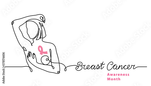 Breast cancer simple vector web banner, background with woman and pink ribbon. One continuous line drawing with typography breast cancer.