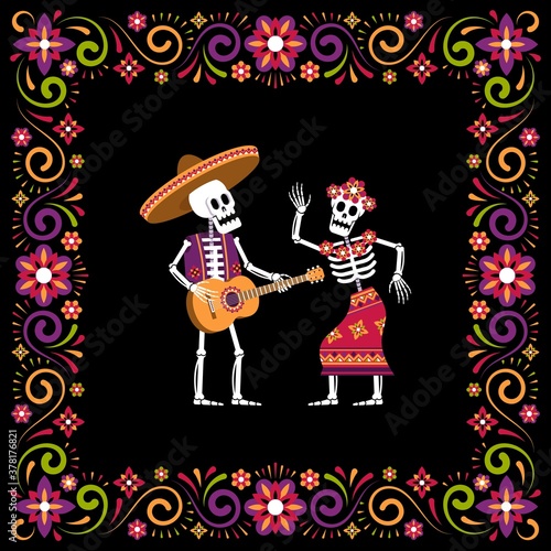 Dia de Muertos Day of dead ornamental frame with skeleton in sombrero and Catrina Calavera. Mexican Halloween poster. Vector illustartion.