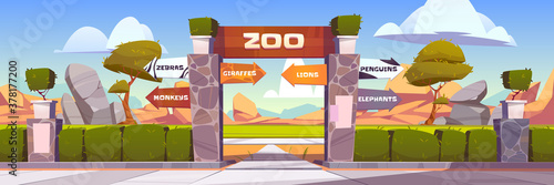 Zoo gates with pointers to wild animals cages monkeys, zebras, giraffes, lions, penguins and elephants. Outdoor park entrance with green bushes fencing and stone pillars. Cartoon vector illustration