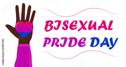 Bisexuality day concept vector. Hand is painted in bisexual pride colors. Heart with pink stripes and 23 September is written. Bi visibility day illustration