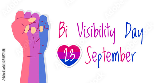 Bisexuality day concept vector. Hand is painted in bisexual pride colors. Heart with pink stripes and 23 September is written. Bi visibility day illustration