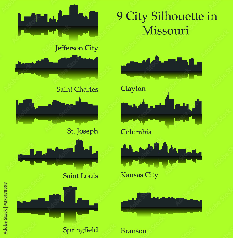 9 city silhouette in Missouri ( Jefferson City, Saint Louis, Clayton, Springfield, Saint Charles, Kansas City, St. Joseph, Columbia, Branson )