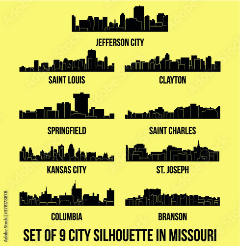 9 city silhouette in Missouri ( Jefferson City, Saint Louis, Clayton, Springfield, Saint Charles, Kansas City, St. Joseph, Columbia, Branson )