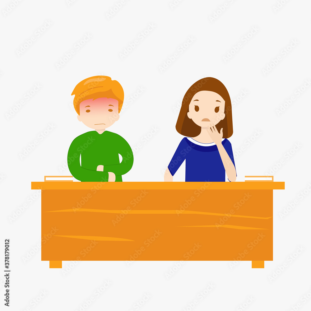 Pupils are sitting at a desk. Boy feels bad and has flu. Girls scared. Coronavirus concept. School after covid-19. New reality Pupils are sitting at a desk. Boy feels bad and has flu. Girls scared. Coronavirus concept. School after covid-19. New reality