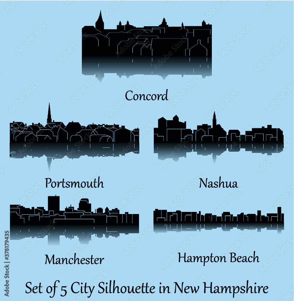 Set of 5 city silhouette in New Hampshire ( Concord, Nashua, Manchester, Hampton Beach, Portsmouth )