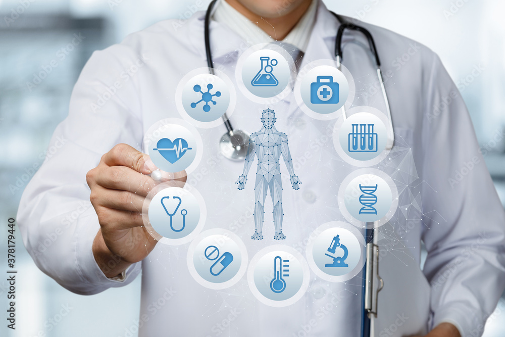 Doctor working with medical patient hologram icon. Doctor working with medical patient hologram icon.