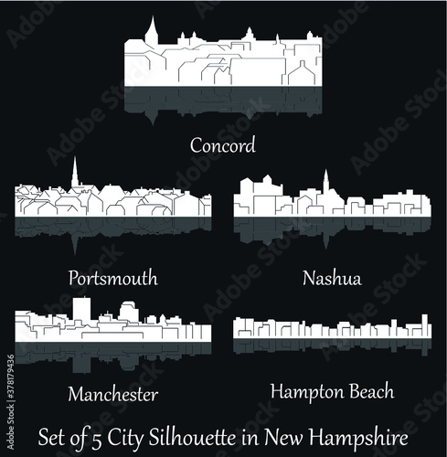 Set of 5 city silhouette in New Hampshire ( Concord, Nashua, Manchester, Hampton Beach, Portsmouth )