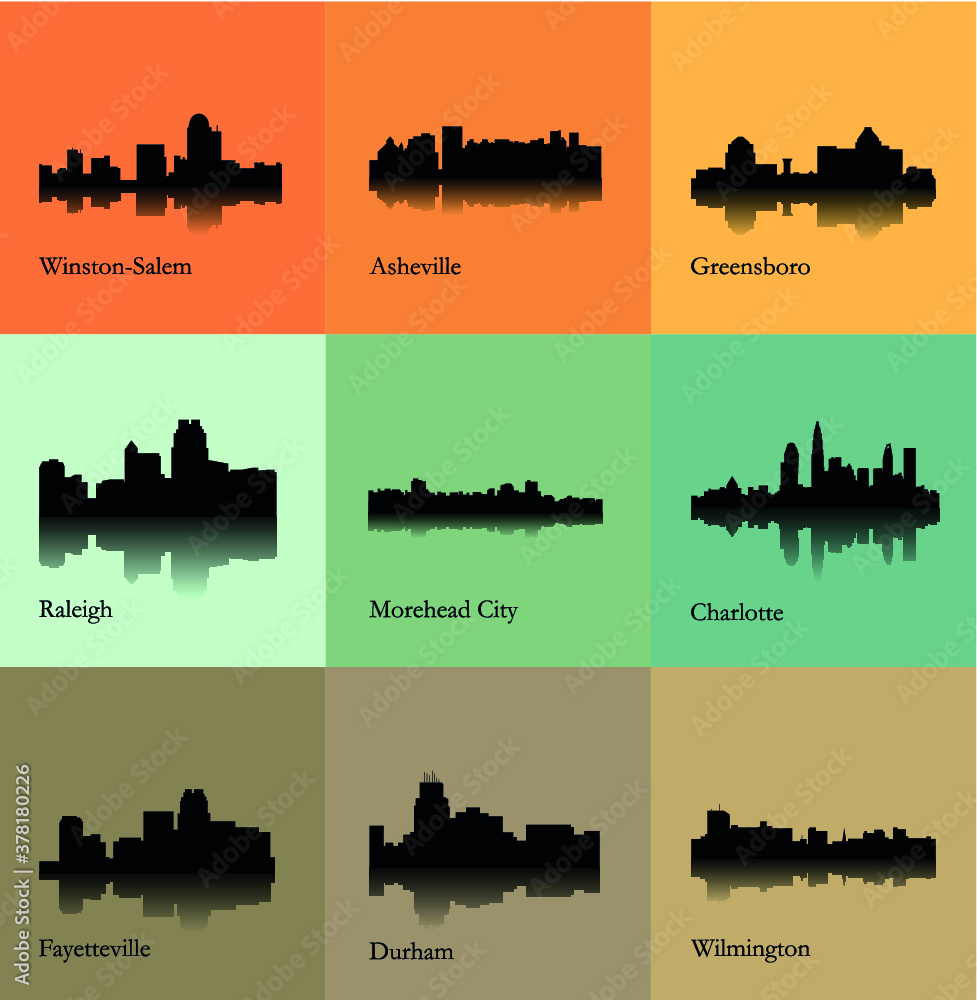 Fototapeta premium Set of 9 city silhouette in North Carolina ( Morehead City, Charlotte, Asheville, Wilmington, Winston-Salem, Greensboro, Durham, Fayetteville )