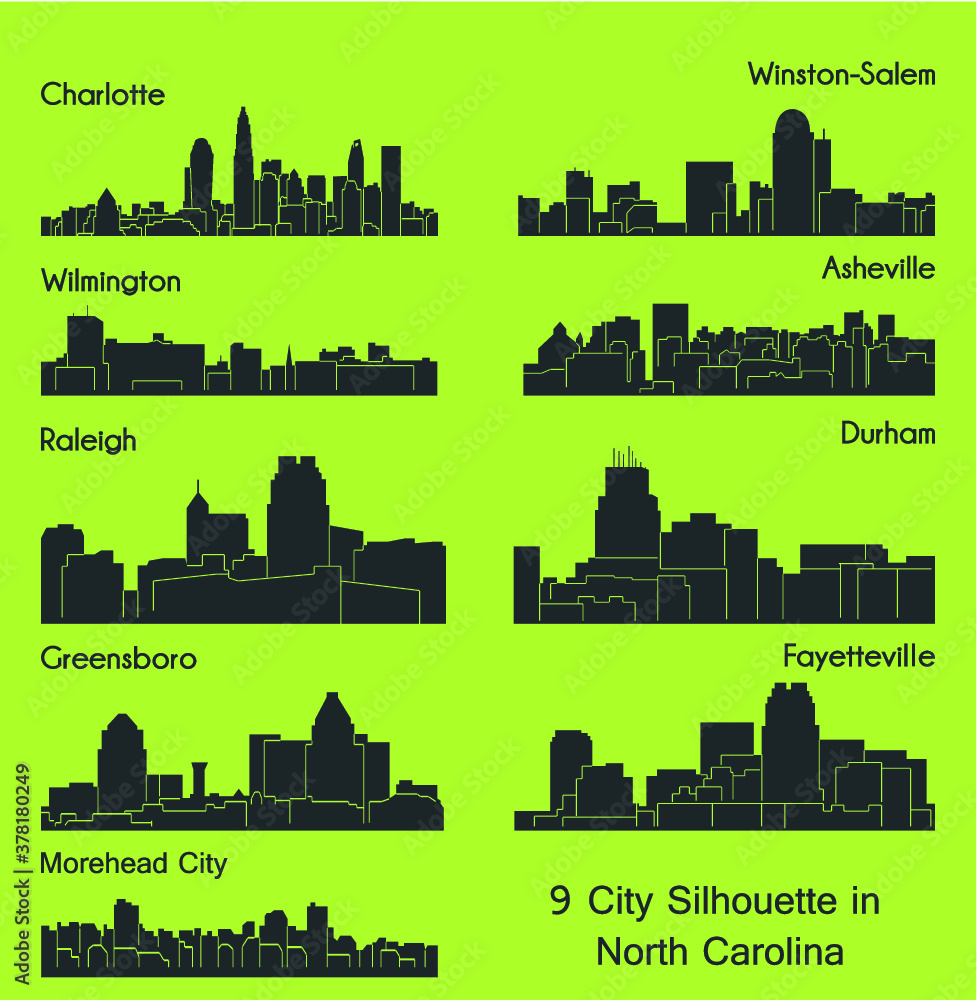 Set of 9 city silhouette in North Carolina ( Morehead City, Charlotte, Asheville, Wilmington, Winston-Salem, Greensboro, Durham, Fayetteville )