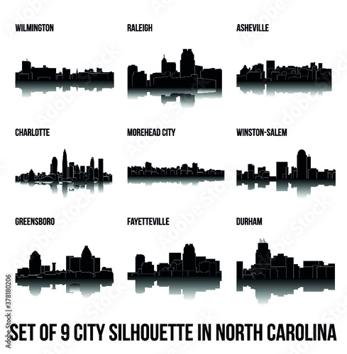 Set of 9 city silhouette in North Carolina ( Morehead City, Charlotte, Asheville, Wilmington, Winston-Salem, Greensboro, Durham, Fayetteville )