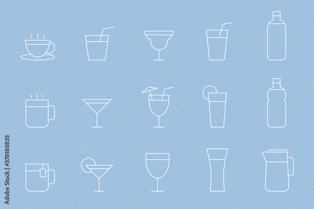Soft drink Icons set - Vector outline symbols of water, soda, juice, cocktail, cup, can, mug, coffee, tea for the site or interface