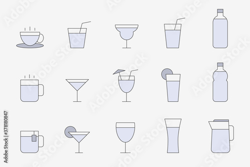 Soft drink Icons set - Vector color symbols of water, soda, juice, cocktail, cup, can, mug, coffee, tea for the site or interface