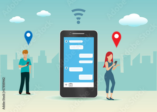 Man and woman holding smartphone  chatting while walking in city via web application and GPS, WIFI icons. Idea for social networking, social media marketing and digital online technology concept.