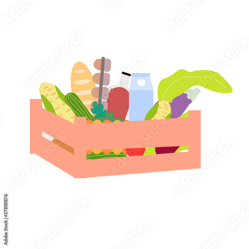 Wooden box filled with vegetables and food, vector graphics