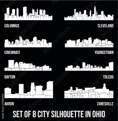 Set of 8 city silhouette in Ohio ( Columbus, Cleveland, Cincinnati, Youngstown, Dayton, Toledo, Akron, Zanesville )