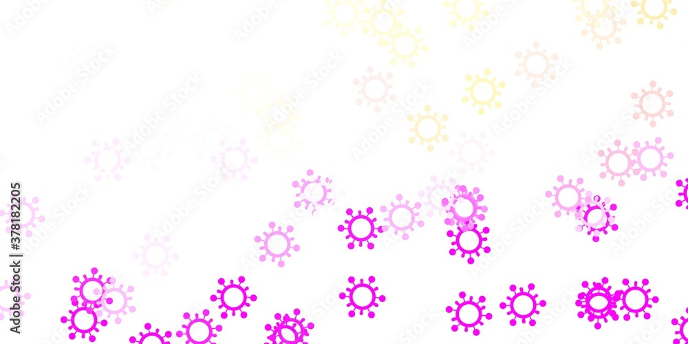 Light pink, yellow vector background with covid-19 symbols. Light pink, yellow vector background with covid-19 symbols.
