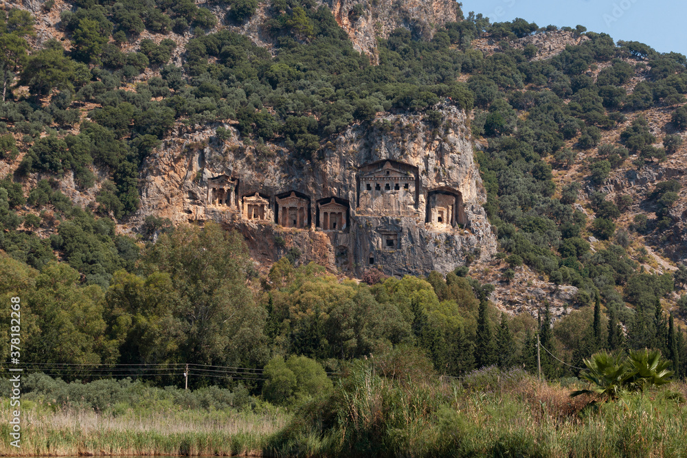 Lycian Royal mountain tombs carved into the rocks near the town of Dalyan in the province of Marmaris in Turkey