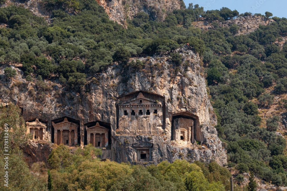 Lycian Royal mountain tombs carved into the rocks near the town of Dalyan in the province of Marmaris in Turkey