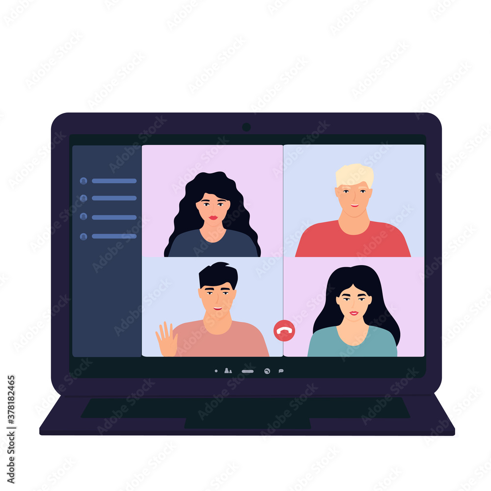 Group conference video call on a laptop. Team meeting from home during COVID-19 coronavirus pandemic. Group conference video call on a laptop. Team meeting from home during COVID-19 coronavirus pandemic.