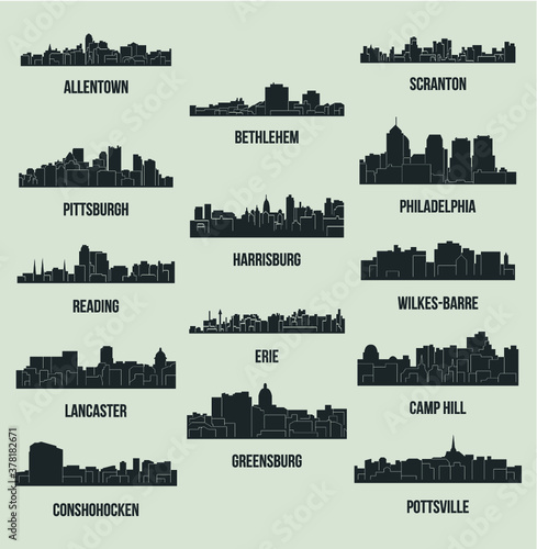 Set of 14 city silhouette in Pennsylvania (Philadelphia, Bethlehem, Harrisburg, Pittsburg, Erie, Lancaster, Reading, Allentown, Scranton, Pottsville, Greensburg, Camp Hill, Wilkes-Barre, Conshohocken) photo