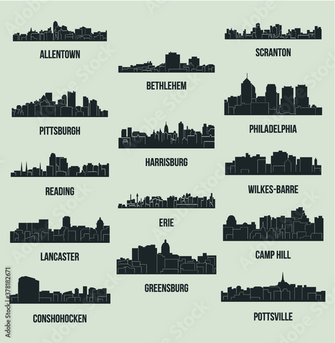 Set of 14 city silhouette in Pennsylvania (Philadelphia, Bethlehem, Harrisburg, Pittsburg, Erie, Lancaster, Reading, Allentown, Scranton, Pottsville, Greensburg, Camp Hill, Wilkes-Barre, Conshohocken)