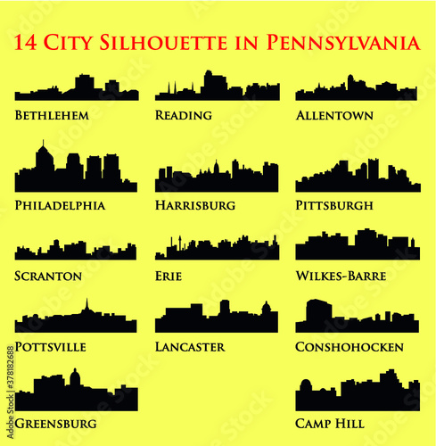 Set of 14 city silhouette in Pennsylvania (Philadelphia, Bethlehem, Harrisburg, Pittsburg, Erie, Lancaster, Reading, Allentown, Scranton, Pottsville, Greensburg, Camp Hill, Wilkes-Barre, Conshohocken)