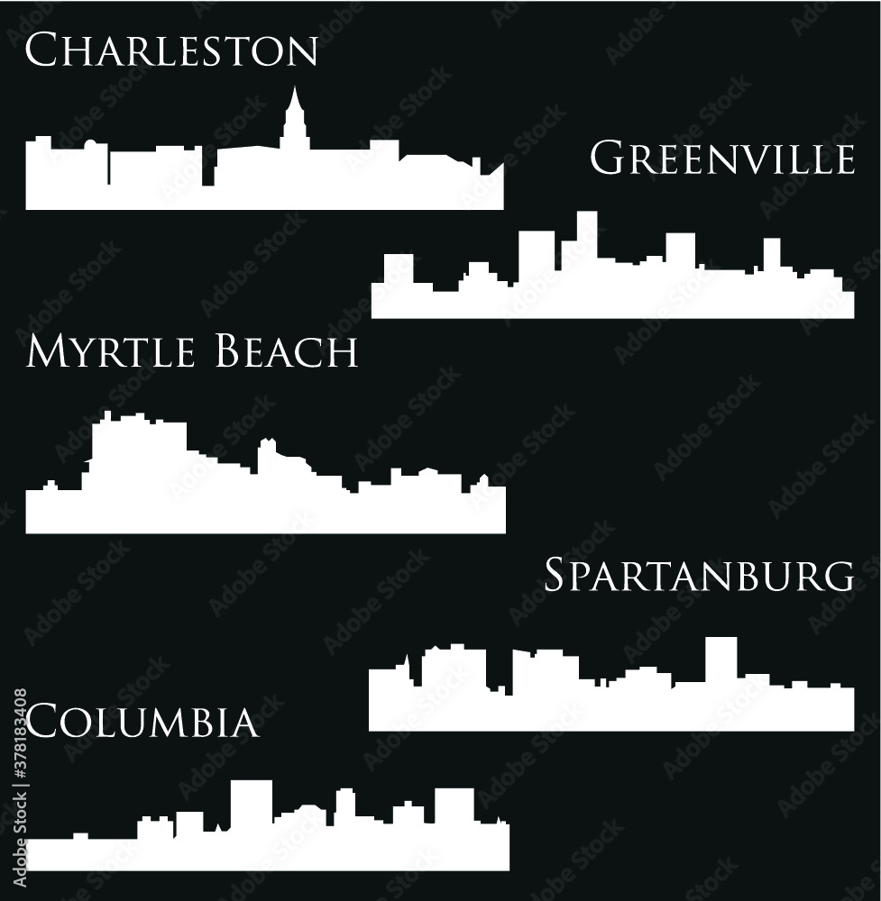 Set of 5 city silhouette in South Carolina ( Charleston, Greenville, Myrtle Beach, Spartanburg, Columbia ) Set of 5 city silhouette in South Carolina ( Charleston, Greenville, Myrtle Beach, Spartanburg, Columbia )