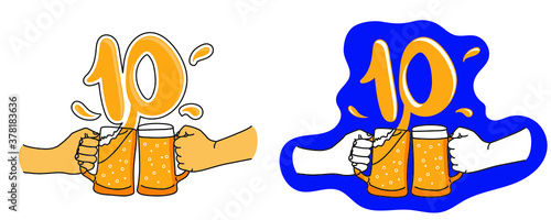 Beer mug mug hand drawn vector. Inscription Tenth Anniversary. Isolated over white background. For banner, poster, greeting cards, internet, party invitation, birthday, anniversary.