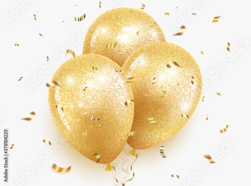 Festive gold balloons with glitter and sequins, ribbon and confetti. Layout for birthday, christmas, anniversary, sale. Isolated on a white background. Vector illustration