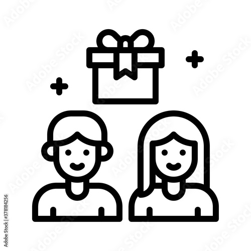gift box related gift box with boy and girl or characters vector in lineal style,