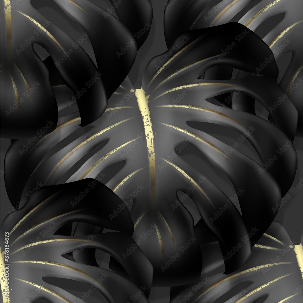 Seamless pattern with large black monstera leaf with gold veins. Close-up. In the style of minimalism, realistic illustration on a dark background. Vector.