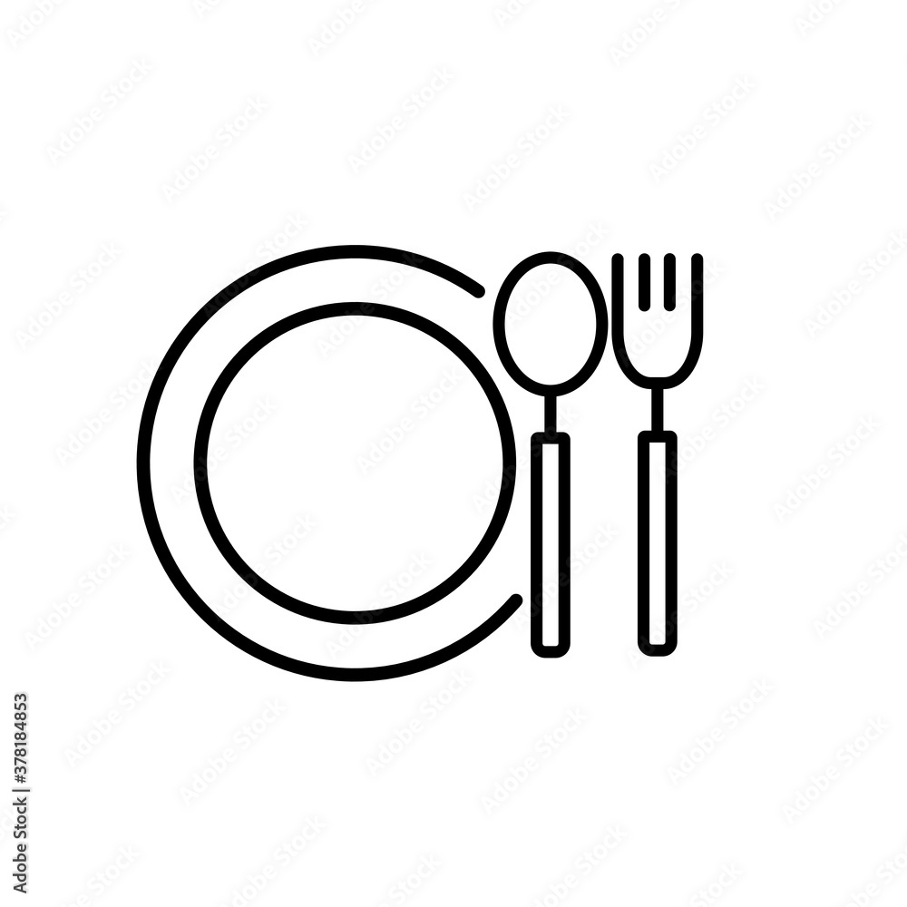 Plate with fork and spoon, icon. Plate with fork and spoon, icon.
