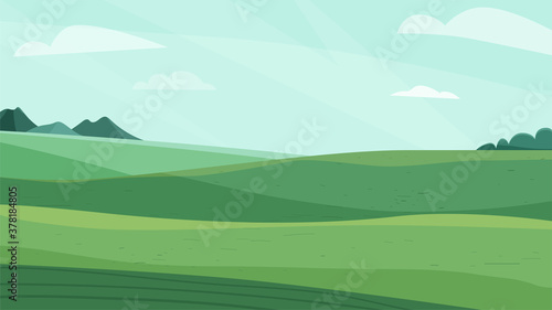 Landscape vector illustration. Green meadow field, hill, plants and blue sky with clouds. Nature spring, summer farm scenery. Countryside for organic production background