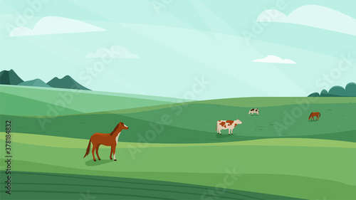 Farm landscape vector illustration. Green meadow field, hills. Cow, horse animal graze on fresh grass. Nature spring, summer farmland scenery. Countryside for organic production background